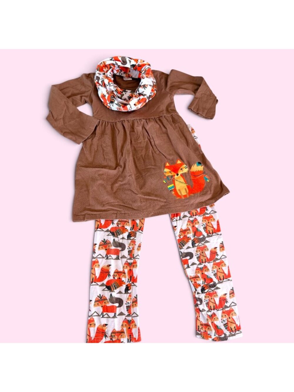 Girls Fall Fox Outfit Brown Tunic Dress Leggings Matching Scarf